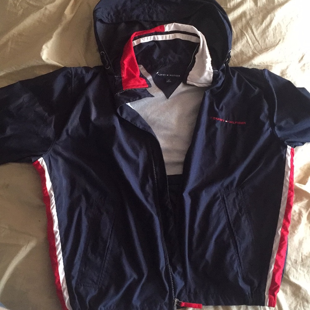 Tommy Hilfiger Navy Hooded Windbreaker with Red & White Accents